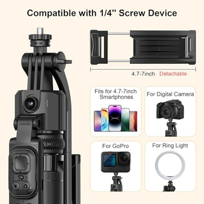 63" Tripod for iPhone with Light Remote, Detachable Phone Holder, Auto Face Tracking Tripod for Travel, Lightweight Selfie Stick Tripod for Video Recording, Compatible with Phone/Action Camera - size: Tripod With 2 Mini Square Lights
