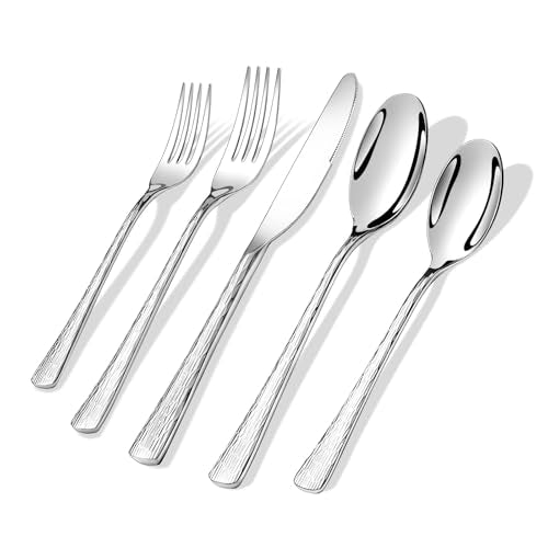 Izurok Hammered Silverware Set for 4, 20 Piece Heavy Duty Silverware, 18/10 Stainless Steel Flatware Cutlery Utensil Set for Wedding Festival Gift, Mirror Polished, Dishwasher Safe - color: Silver, size: 20-Piece