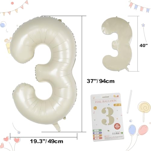 CARGEN 40 Inch Creamy White Number 3 Balloon, Large Beige Foil Mylar Digital 0-9 for Birthday Decorations, Boho Neutral Party Supplies, Wedding Anniversary Photo Props, Helium or Air Fill - style: Number 3
