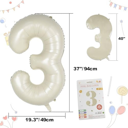 CARGEN 40 Inch Creamy White Number 3 Balloon, Large Beige Foil Mylar Digital 0-9 for Birthday Decorations, Boho Neutral Party Supplies, Wedding Anniversary Photo Props, Helium or Air Fill - style: Number 3