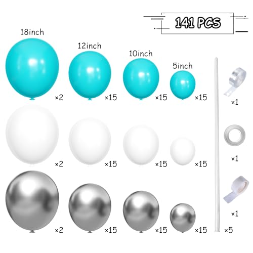 MEBAY Teal Blue Silver White Balloons Garland Arch Kit, 141Pcs Latex Balloons Different Sizes 18 12 10 5 Inch for Birthday Party Graduation Baby Shower Wedding Holiday Balloon Decoration - color: 141-teal Blue-silver-white