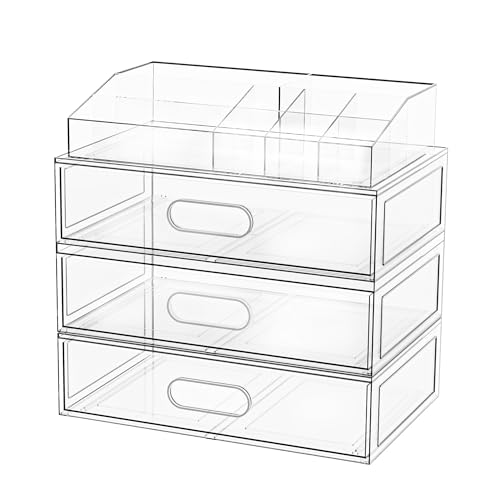 Clear Stackable Makeup Organizer with Drawer, 12''W Acrylic Storage Drawers, Cosmetic Display Case for Vanity Bathroom Countertop, Beauty Holder for Lipstick Brush Skincare Perfume (4 Pack) - size: 4 Pack