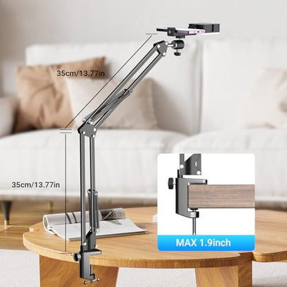 Overhead Phone Mount with Rechargeable Light for iPhone, Desk Tripod with Clamp for Content Creator Camera Recording, Top Down Holder Stand for Filming/Live/Cooking/Unboxing/Drawing/YouTube/TikTok