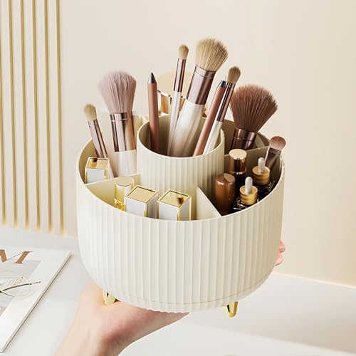 Diesisa Makeup Brush Holder Organizer,360° Rotating Makeup Brush Organizer,5 Slot Make up Brushes Cup for Cosmetics, Nail Polish, Art Supply, Bathroom Vanity Desktop Organizer - Cream - color: Cream