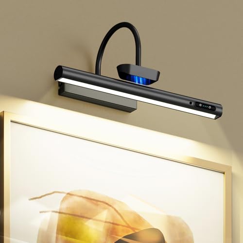 Bridika Picture Light Battery Operated, 13.8in Picture Lights for Wall, 3 Colors & Brightness Dimmable, Rechargeable Art Light for Paintings Photo Dartboard Gallery Bedroom Bathroom Black - color: Black, size: 13.8in