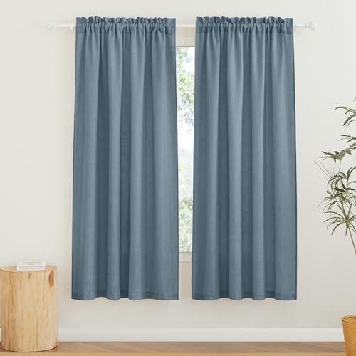 RYB HOME Sheer Curtains for Bedroom - Linen Textured Semi Sheer Window Backdrop Curtains Light Filtering Privacy Drapes for Office Dining Bathroom, Stone Blue, W 52 x L 72 inch, 2 Panels - color: Stone Blue, size: 52"W x 72"L (Pack of 2)