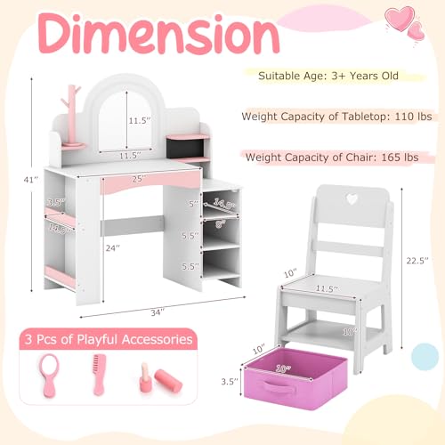 Costzon Kids Vanity, Girls Vanity Set with Lighted Mirror, Bookshelf, Jewelry Storage, Toddler Makeup Vanity Desk Dressing Table, Wooden Kids Vanity Table and Chair Set (White) - style: White