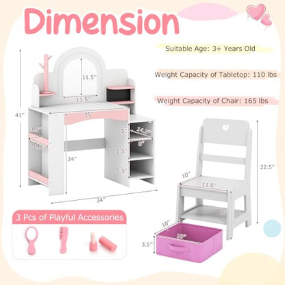 Costzon Kids Vanity, Girls Vanity Set with Lighted Mirror, Bookshelf, Jewelry Storage, Toddler Makeup Vanity Desk Dressing Table, Wooden Kids Vanity Table and Chair Set (White) - style: White
