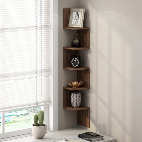 Furinno Rossi 5-Tier Floating Corner Shelf for Wall, Corner Zigzag Shelf Wall Mounted, Radial Wall Mount Shelves, for Home Office, Living Room, Bedroom, Bathroom, Columbia Walnut - color: Columbia Walnut, size: 5-Tier Corner Shelf - 7.8" x 7.8" x 48.8" -
