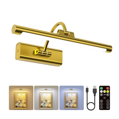 Picture Light for Wall Battery Powered, 13'' Cordless Frame Painting Light with 6000mAh Rechargeable Battery, Dimmable 3 Color Temps 350LM Remote Control, for Painting Artwork Gallery Museum - Brass - color: Brass, size: 13 Inch
