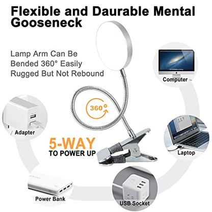 LiFMIRA Clip-on Lamp Reading Light - 5 Color Modes, 10 Brightness Levels, 8W, 66 LED, Eye-Caring Metal Clamp Light with Gooseneck for Bed, Headboard, Desk, Video Conferencing, Makeup - color: Silver