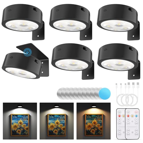 Narotood 6 Pack Picture Lights for Wall, Rechargeable Battery Operated Wall Lights, Picture Frame Lights with 3 Lighting Modes, Wireless Magnetic Painting Light with Remote Control Timer, (Black) - color: Black, size: 6 Pack