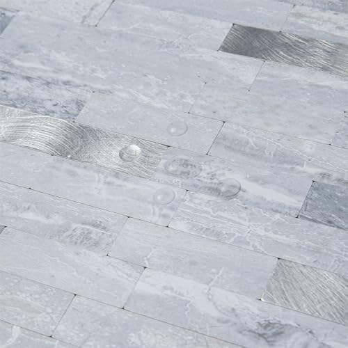 AULIGET Faux Stone Peel and Stick Backsplash, Light Grey Marble Look PVC Mixed Metal Wall Tiles Stick on Backsplash - color: Light Grey + Metal Silver, size: 2 Sheets, 6"x12"x0.12"