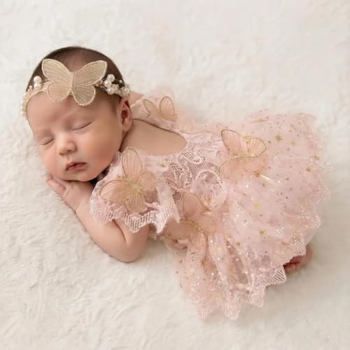 Newborn Photography Outfits Girls Baby Photography Props Lace Romper With Headband Baby Photo Shoot Outfits Girls Photo Props - color: Pink