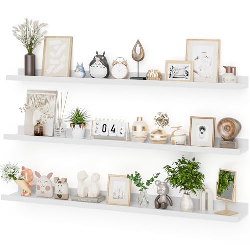 Heimlove 48 Inch Picture Ledge Shelf with Lip,White Floating Shelves for Wall Set of 3,Long Wall Shelves in Varying Depths for Living Room,Bedroom,Nursery,Bookshelf - color: White, size: 48'', Set of 3