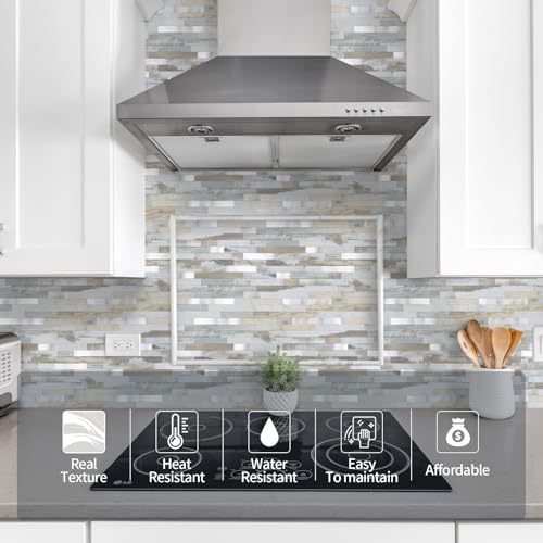 Yipscazo 10 Sheets Peel and Stick Stone Metal Tile Backsplash, Stick on Tiles for Backsplash Kitchen, Bathroom, Laundry Room, Camper, Fireplace (12'' X 12'', White Wood with Metal) - color: White Wood With Metal
