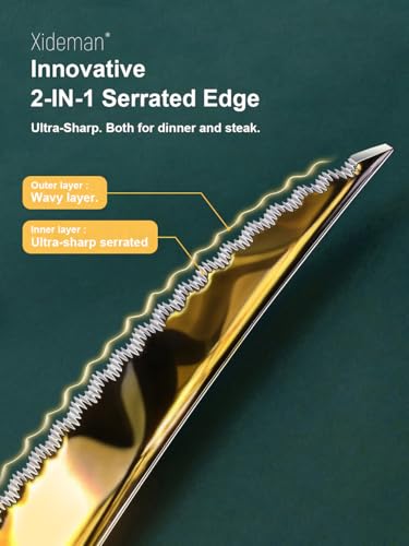 16-Piece Luxury Gold Hammered Silverware Set with Ultra Sharp 2-IN-1 Serrated Knife, 18/10 Stainless Steel Flatware Set, Tableware Cutlery Set for 4, Forks Spoons Knives Set - color: Gold