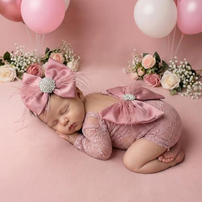 ForBaysy Newborn Photography Props Girls Outfit Feather Bow Lace Romper Newborn Dress - color: Dustpink