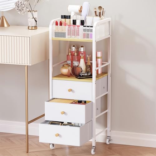 HapiRm Rolling Makeup Cart Organizer - Floor Skincare Make Up Storage with 3 Non-woven Fabric Drawers, Vanity Organizer Cosmetic Display Cases Holder for Skin Care Perfume Nail Polish Brush Hair Tool - color: Natural
