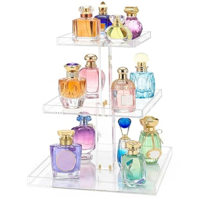 YAGELI 3-Tier Perfume Organizer Stand for Vanity - Large Clear Acrylic Display & Storage for Bathroom Countertop, Dresser | Makeup, Jewelry Holder with Non-Slip Base - size: 11.2" x 11.2" x 15.3"