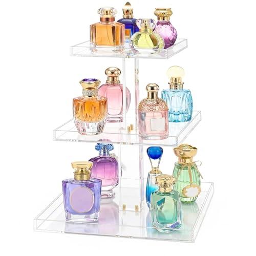 YAGELI 3-Tier Perfume Organizer Stand for Vanity - Large Clear Acrylic Display & Storage for Bathroom Countertop, Dresser | Makeup, Jewelry Holder with Non-Slip Base - size: 11.2" x 11.2" x 15.3"
