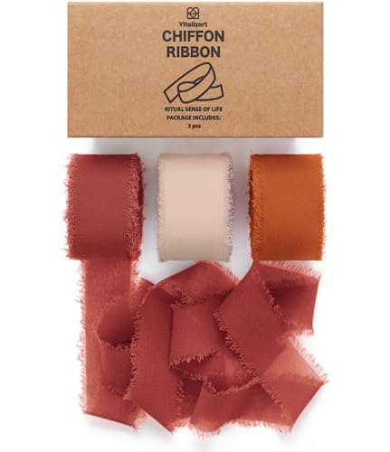 Vitalizart Terracotta & Orange Chiffon Silk Ribbon 1" x 21 Yd Fringe Fabric Package (3 Rolls * 7 Yd) for Wedding Invitations Bridal Bouquets Decorations Gifts Wrapping & Bow Making - color: Terracotta & Orange