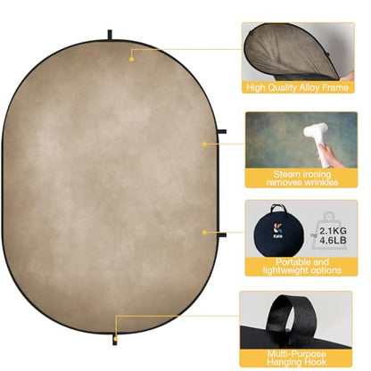 Kate 5x6.5ft(1.5x2m) Collapsible Backdrops Tan Grey Green Double Sided Reversible Pop Up Background for Portrait Photography, Video Meetings
