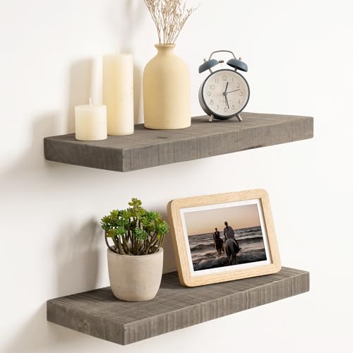 FLYJOE Floating Shelves for Wall,18 Inch Reclaimed Barnwood Planks Set of 2,8 Inch Deep Rustic Solid Wood Wall Shelves for Storage,Wood Wall Mount Shelf with Invisible Heavy-Duty Metal Bracket,Grey - color: Distressed Grey, size: 18inches-2P