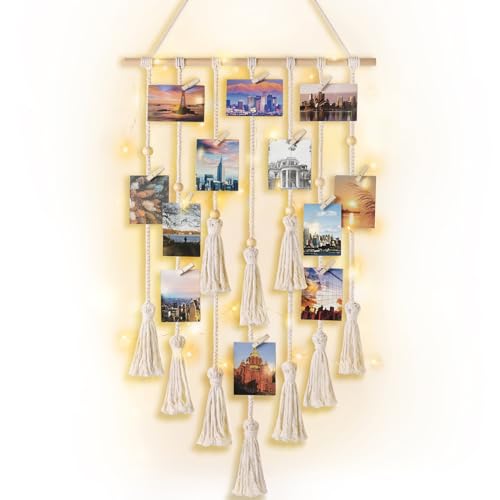 Mkono Hanging Photo Display Boho Macrame Wall Decor with Light, Teen Girl Teenage Gifts, Pictures Cards Frame Holder Art Hanger for Christmas Birthday Party Bedroom Dorm, with 30 Wood Clips, Ivory - color: Ivory