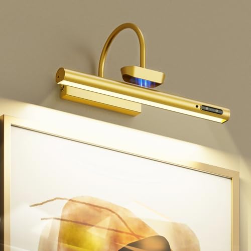 Bridika Picture Light Battery Operated, 13.8in Picture Lights for Wall, 3 Colors & Brightness Dimmable, Rechargeable Art Light for Paintings Photo Dartboard Gallery Bedroom Bathroom Gold - color: Gold, size: 13.8in