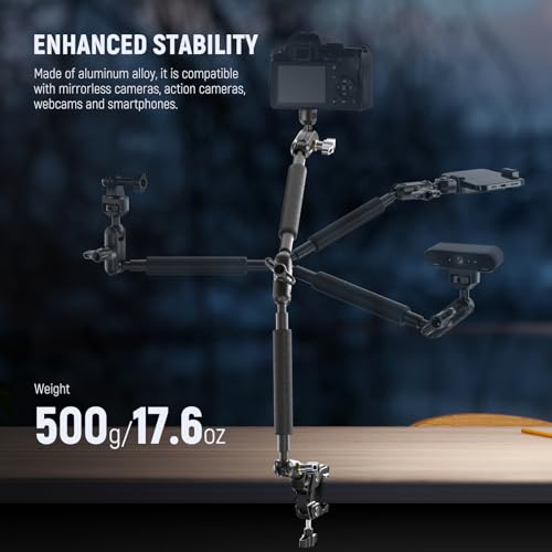 NEEWER Magic Arm Camera Mount, Overhead Desk Phone Mic Stand Holder, 22" Articulating Boom Arm C Clamp 1/4" 3/8" Threads for ARRI for Microphone Webcam Action Camera Video Light, Cleaning Cloth, UA057 - style: UA057 w/Cleaning Cloth
