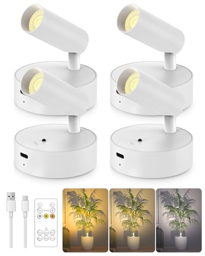 GOODEA Spotlights Indoor with Remote, 3000mAh Rechargeable Battery Plant Spotlight Indoor, Wireless Uplights with 3 Colors & Dimmable, Picture Light for Painting, Accent Lighting(4 Pack, White) - color: White