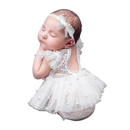 BLUETOP Cute Newborn Photography Outfits Boys Girls Baby Costume Set - style: 03 White Pearl Lace Rompers