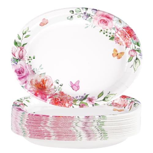 Grencian 50Pcs Floral Oval Paper Plates 10" x 12" Disposable Pink Rose Floral Party Plates Spring Pink Flower Dinnerware for Wedding Tea Party Birthday Bridal Baby Shower Mother's Day Decorations - style: 50Pcs Pink Oval Floral Kit