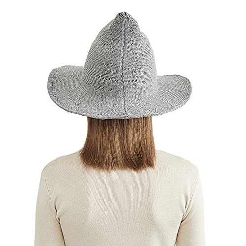 Halloween Witch Hat for Women Wide Brim Foldable Wizard Hat Wool Knit Pointed Cap Cosplay Costume Accessory - color: Light Grey