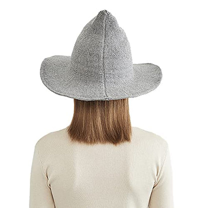 Halloween Witch Hat for Women Wide Brim Foldable Wizard Hat Wool Knit Pointed Cap Cosplay Costume Accessory - color: Light Grey