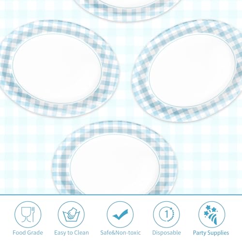 50PCS Light Blue Gingham Paper Oval Plates 10" X 12" Disposable Light Blue and White Gingham Party Plates Disposable Heavy Duty Checkered Plaid Dinnerware for BBQ Gathering Picnic Baby Shower Birthday - style: Blue Gingham Oval Kit