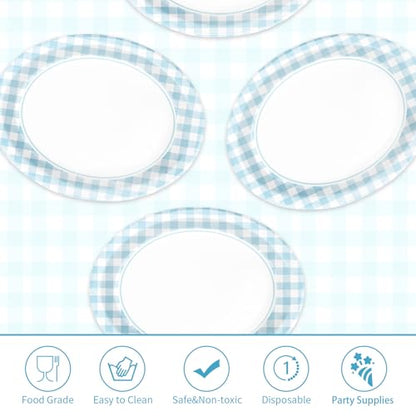 50PCS Light Blue Gingham Paper Oval Plates 10" X 12" Disposable Light Blue and White Gingham Party Plates Disposable Heavy Duty Checkered Plaid Dinnerware for BBQ Gathering Picnic Baby Shower Birthday - style: Blue Gingham Oval Kit