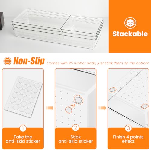 Criusia 18 Pcs Large Size Clear Drawer Organizer Set, Acrylic Non Slip Non Cracking Kitchen Drawer Storage Tray Divider, Multifunctional Storage for Cosmetics, Bathroom, Tools, Kitchen and Office - size: 18 Pack