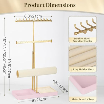 Tirzah 3-Tier Adjustable Gold Jewelry Holder Organizer Stand with 20 Necklace Hooks, 18 Earring Holes and Notches, Bracelet Holder, 6 Ring Rolls, Pink Tray for Girls, Women - color: Gold & Pink, for Necklace Earring Bracelet