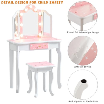 Nromant Kids Vanity Set, Princess Toddler Makeup Vanity with Mirror and 3-Color LED Lighted, Wooden Kids Vanity Table and Chair Set with Drawer for Little Girls - color: Pink With Lighted