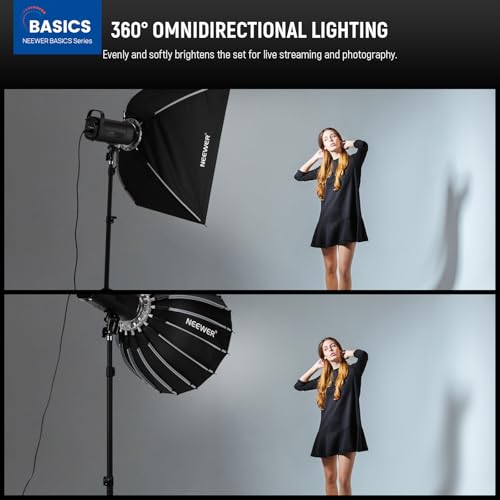 NEEWER Basics Parabolic Softbox Kit, 21.7" Quick Release Bowens Mount Soft Box Light Diffuser Compatible with Godox Compatible with Aputure 600d Studio Photography Video Recording Lighting, NS36P - style: 21.7"/55cm Parabolic