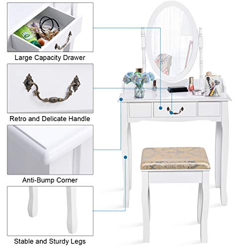 Giantex White Vanity Table Set with Stool, Dressing Table for Girls Women Mirror Makeup Table Desk Room Vanity Dresser, Large Bedroom Vanities w/Drawer
