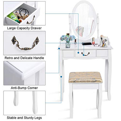Giantex White Vanity Table Set with Stool, Dressing Table for Girls Women Mirror Makeup Table Desk Room Vanity Dresser, Large Bedroom Vanities w/Drawer