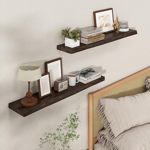 Axeman 36 inch Floating Shelves for Wall - 8'' D Live Edge Rustic Solid Elm Wood Floating Shelves Wall Mounted, Wall Shelves with Invisible Bracket for Living Room Bedroom Kitchen, Set of 2 Walnut - color: Walnut With Live Edge, size: 36 inches - 2P