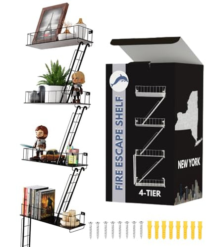 VERSATILE KAS 4-Tier Metal Fire Escape Wall Shelf | 30" NYC Industrial Floating Shelves for Action Figures | Black Urban Display Ladder with 7.5lb Capacity - size: 4-Tier