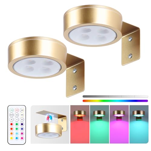 2-Pack Picture Light Battery Operated Painting Lights, 13 Color RGB Magnetic LED Display Art Light with Remote, Dimmable and Timer Portrait Light for Art Frame Artworking, Wall Decor Puck Light, Gold - color: Gold RGB 2 Pack
