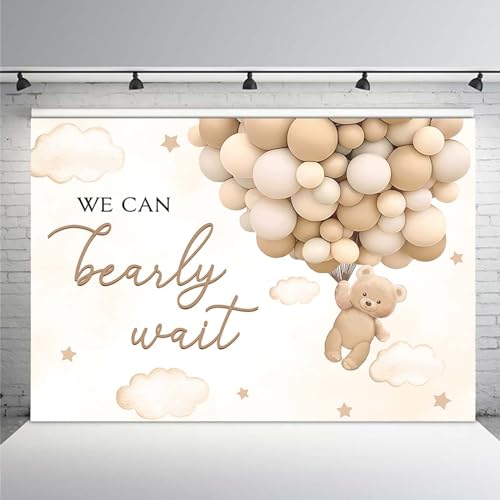 MEHOFOND 8x6ft Bear Baby Shower Backdrop We Can Bearly Wait Baby Shower Party Decorations for Boy Hot Airs Balloons Watercolors Clouds Stars Photography Background Newborn Photo Booth Props (Brown) - color: Brown, size: 8x6ft