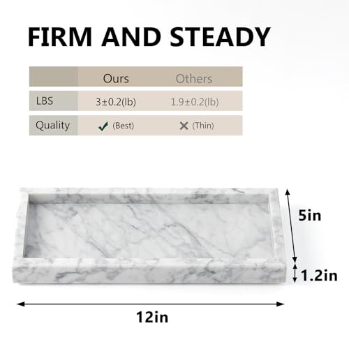 Real Natural Marble Tray for Bathroom, Vanity, Kitchen and Desktop, Rectangle Genuine Marble Stone Tray for Jewelry, Cosmetics, Candles, Lotion, Perfume and Home Decor, 12"x5" Size - color: White, size: 12" x 5" x 1.2"