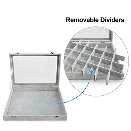 Removable 24 Grids Jewelry Organizer Box Ice Velvet Clear Lid Jewelry Tray Display Case for Earrings Rings Bracelet Grey - color: 24 Grids